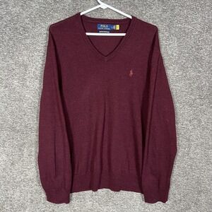 Polo Ralph Lauren Sweater Mens Large Red Washable Merino Wool V Neck Pullover